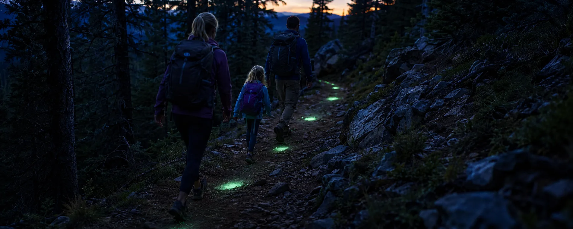 A family walking a forest trail at dusk, the path ahead marked with glowing green points of light