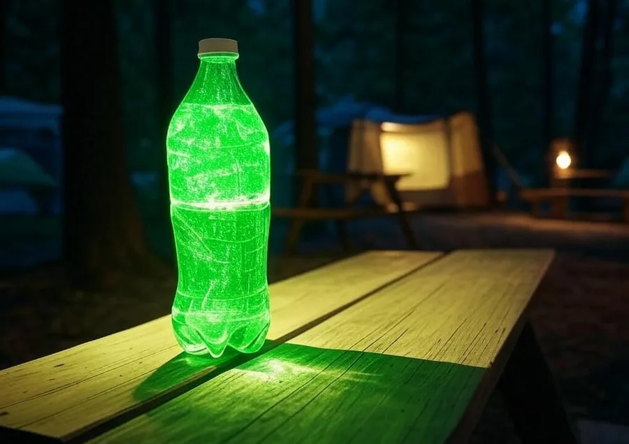 A water bottle glowing green on a picnic table at a campsite