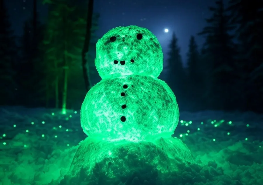 A snowman glowing green at night in a forest clearing