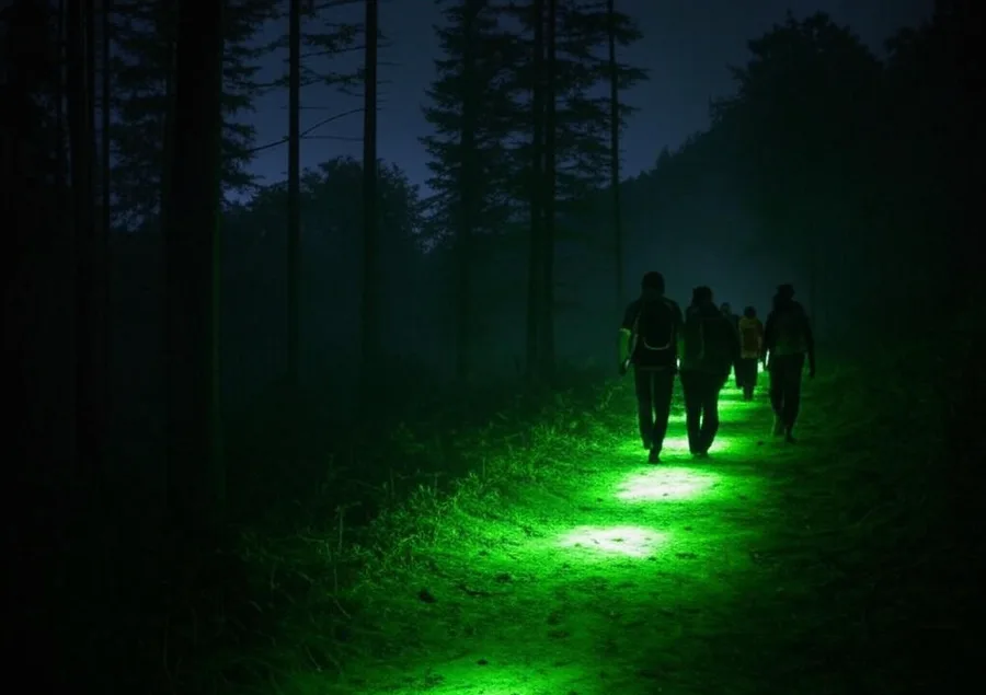 A trail through forest marked with glowing green powder